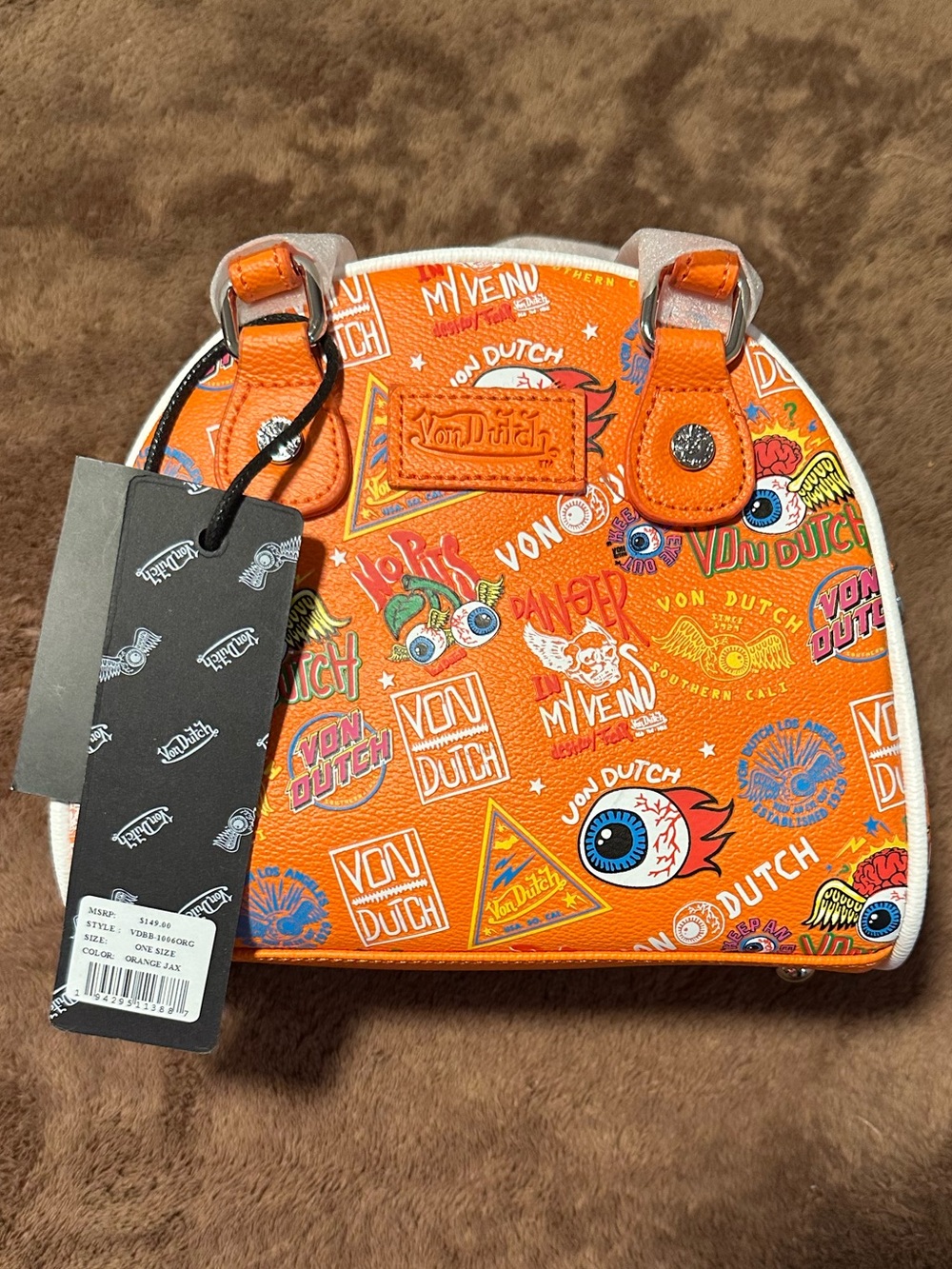Von Dutch Bright Orange Dome Satchel with Multicolor Graphics